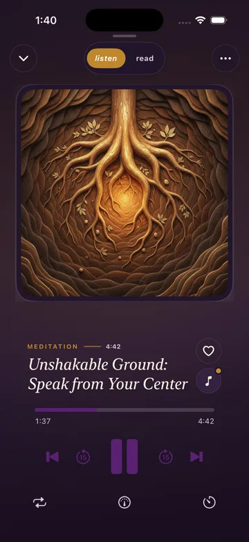 Manai’s Listen view for Unshakable Ground: Speak from Your Center, with a 4-minute 42-second recording and playback controls.
