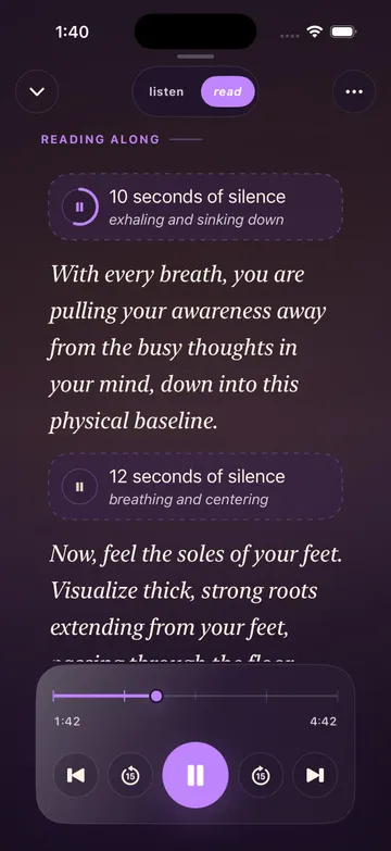 Manai’s Read view showing guided text, 10- and 12-second silence cues, and playback controls.