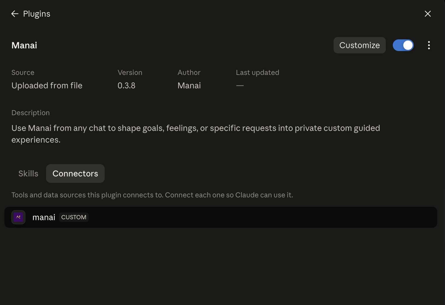 Claude's Manai plugin settings with the Connectors tab selected and the manai connector listed