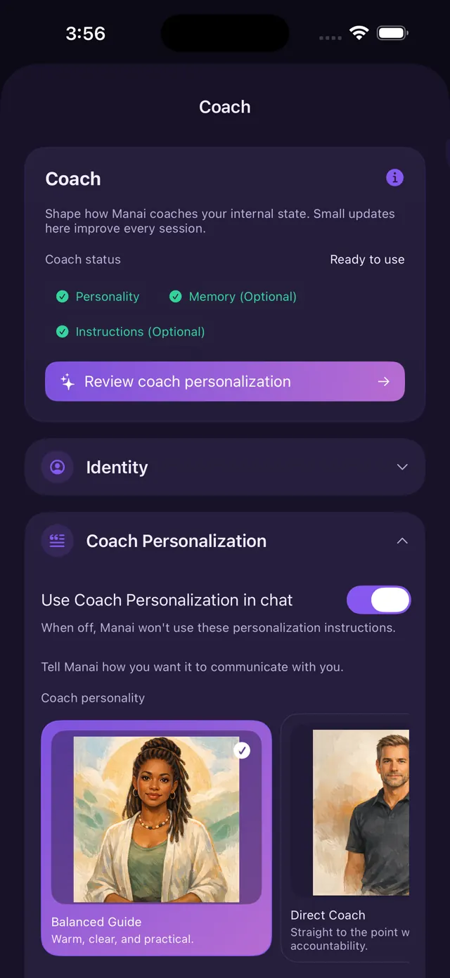 AI coach settings screen
