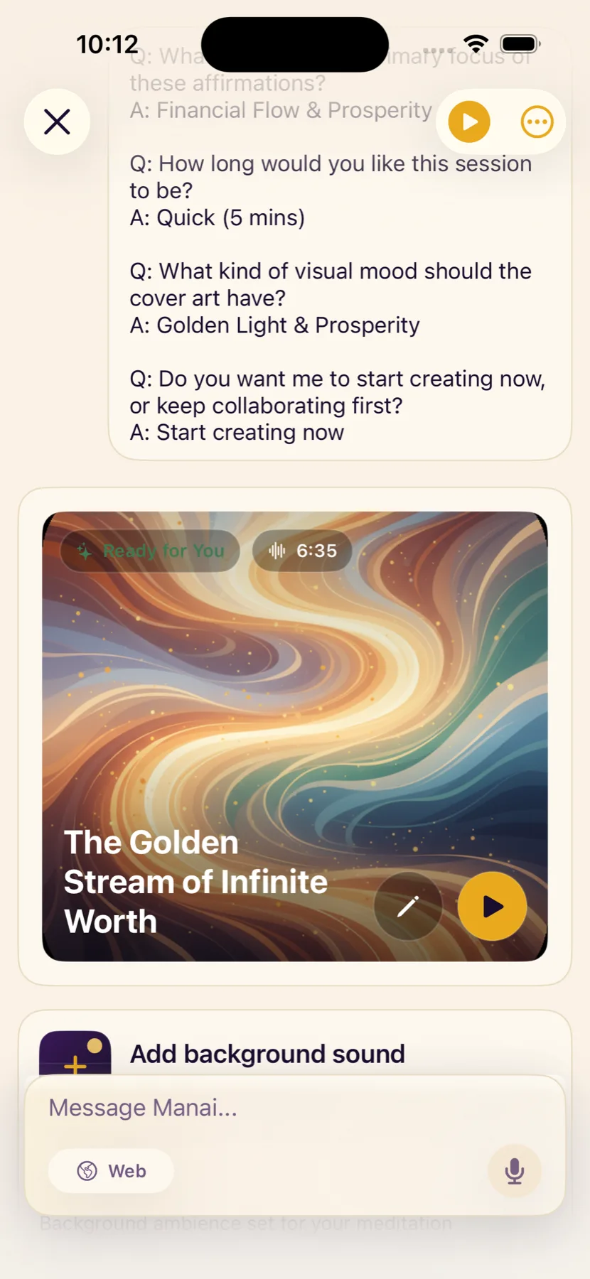 Chat screen showing Manai shaping a created session