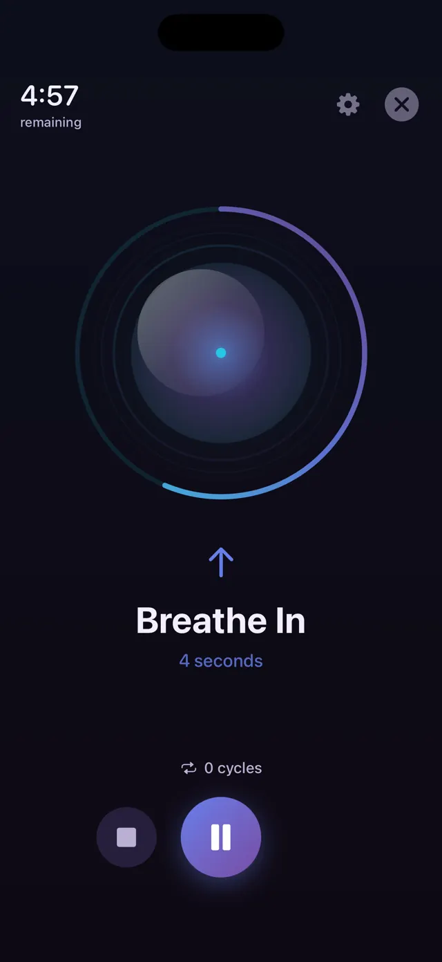 Live breathwork session showing breathe-in animation
