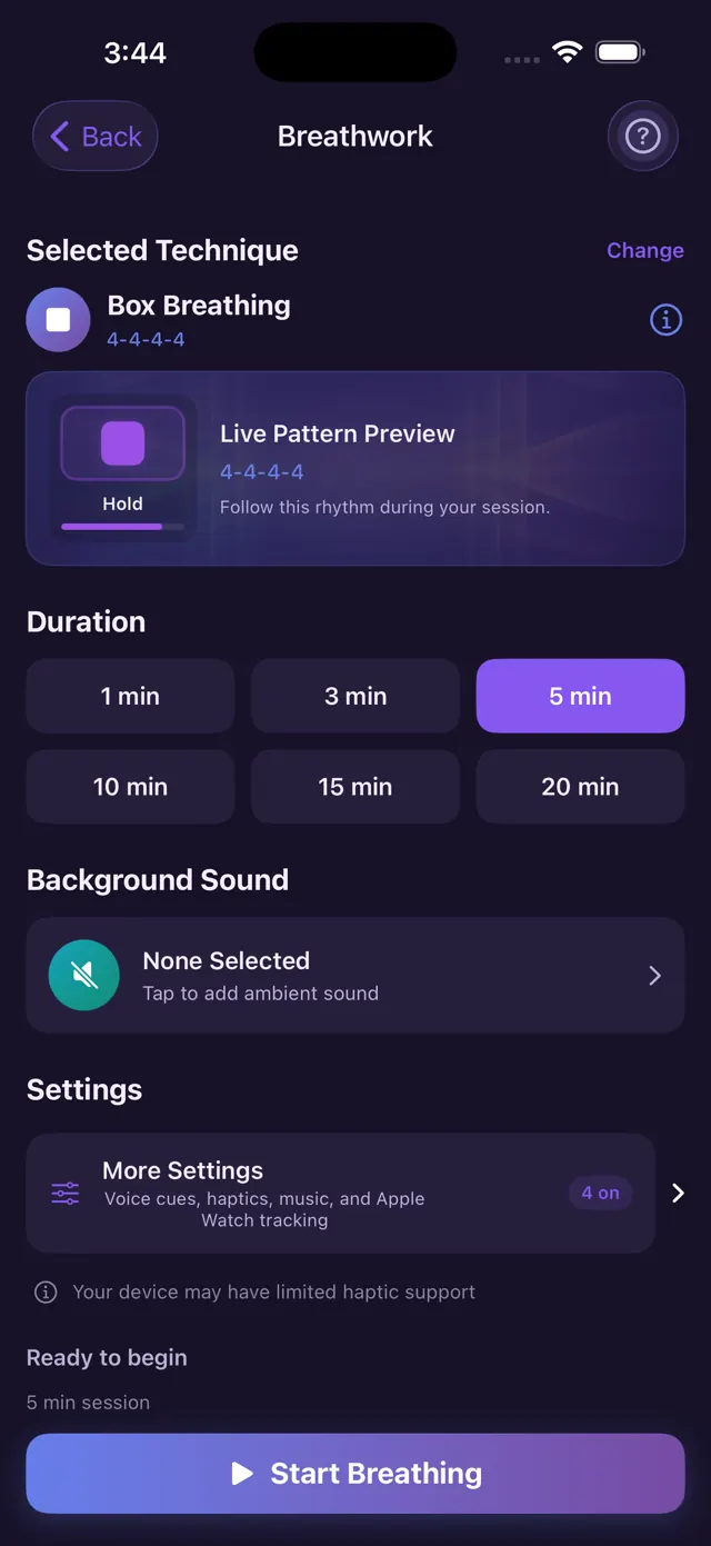 Breathwork setup screen with technique and duration settings