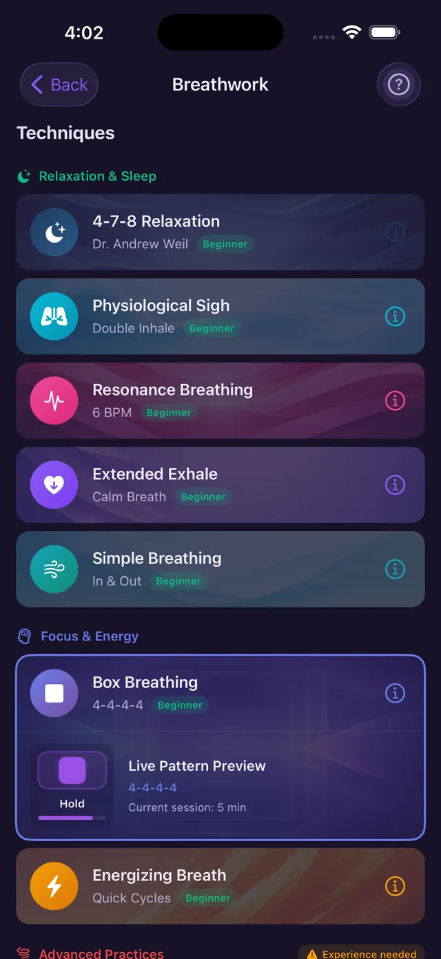Breathwork techniques list with multiple options
