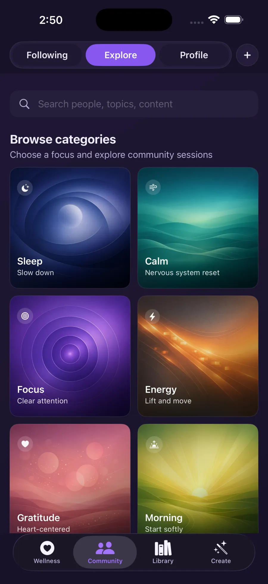 Community explore page with categories