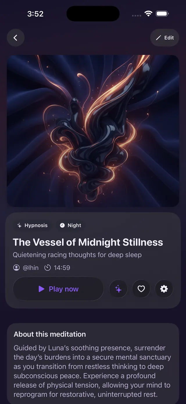 Meditation preview screen with play button and session actions