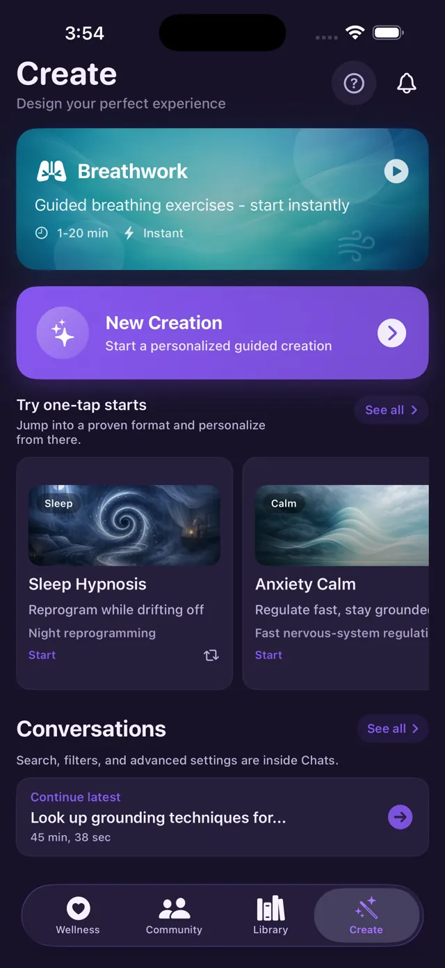 Create page with breathwork card, new creation, and one-tap starts