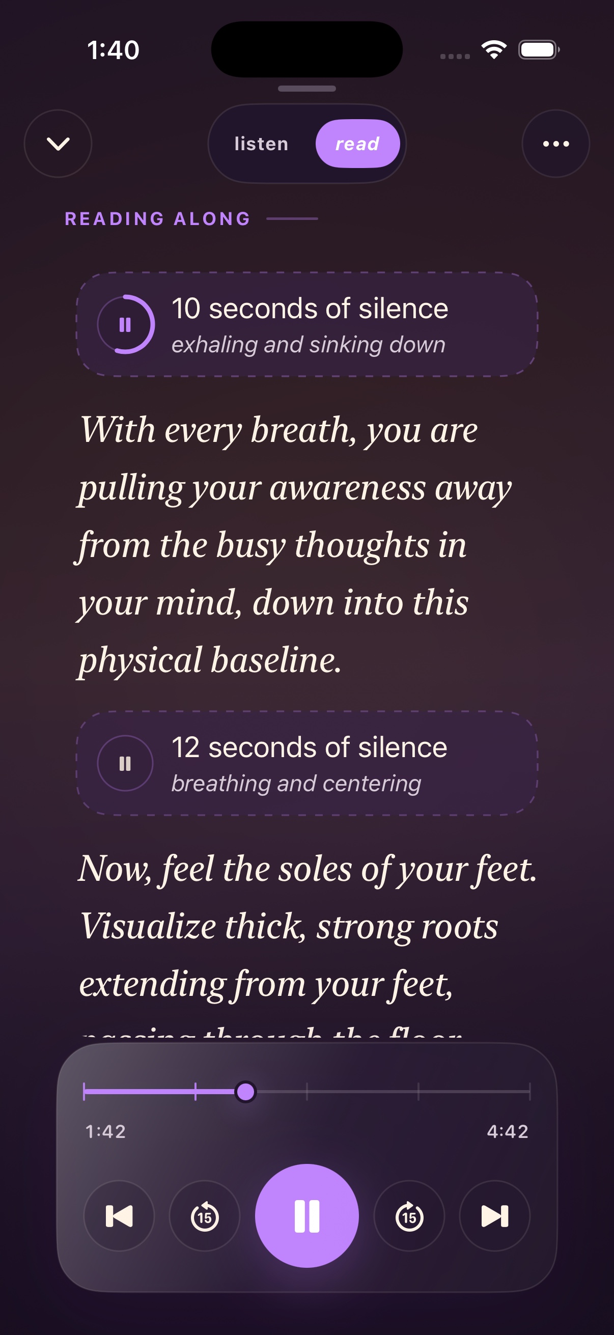 Manai Read view showing the meditation script, timed silence cues, and playback controls