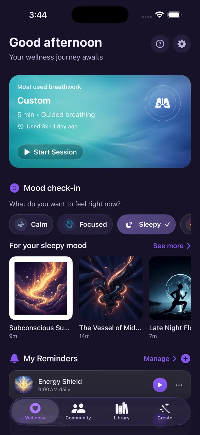 Wellness Hub with breathwork card, mood check-in, and reminders