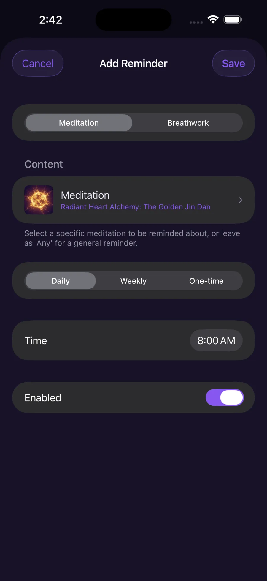 Reminder creation page